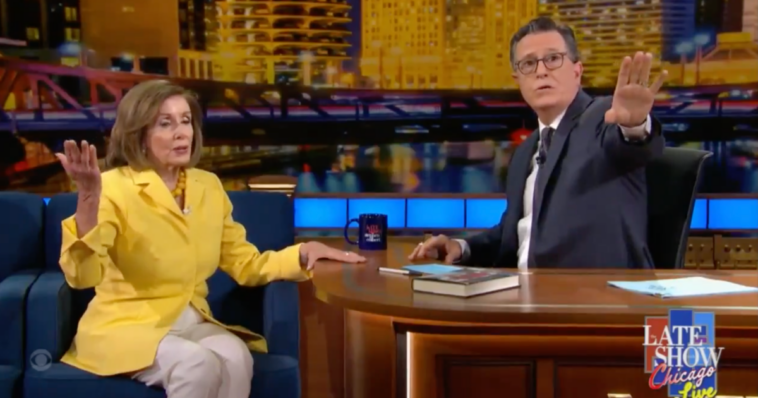 fresh-from-leading-the-biden-coup,-queen-of-mean-nancy-pelosi-interrupted-by-anti-israel-wackos-during-late-night-love-fest-with-stephen-colbert-(video)