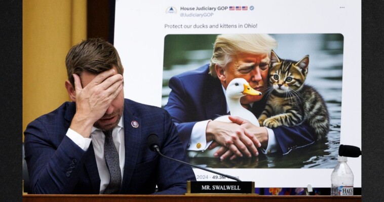 watch:-rep.-eric-swalwell-melts-down-over-ai-pics-of-trump-saving-ducks-from-migrants-after-viral-claims