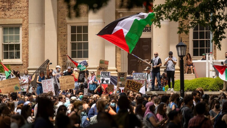 anti-israel-agitators-rock-university-of-north-carolina,-vandalize-building-and-remove-american-flag