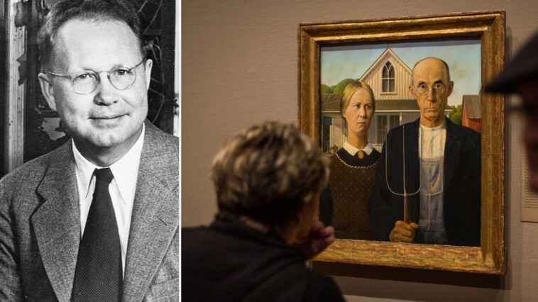 ‘american-gothic’,-famous-piece-by-artist-grant-wood,-is-displayed-to-visitors-at-the-art-institute-of-chicago