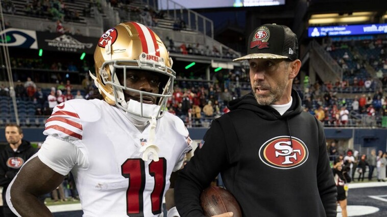 49ers’-kyle-shanahan,-brandon-aiyuk-appear-to-have-animated-discussion-over-receiver’s-practice-shorts