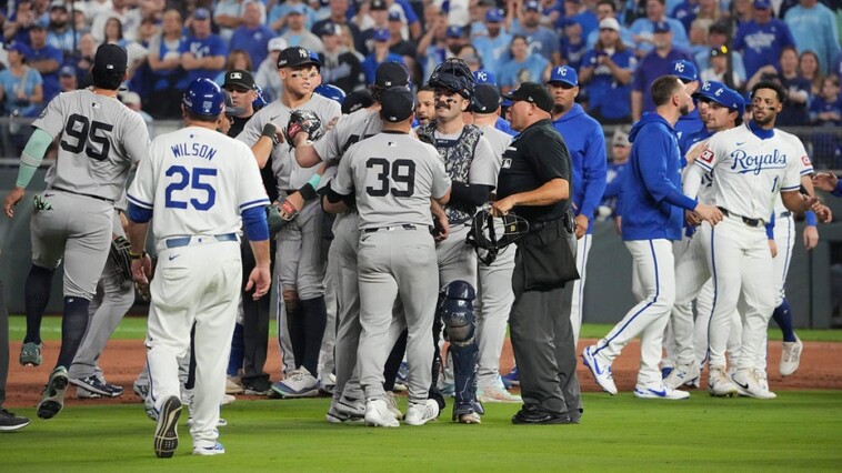 benches-clear-in-yankees-royals-alds-game-after-hard-tag;-new-york-stars-wave-off-kansas-city-player