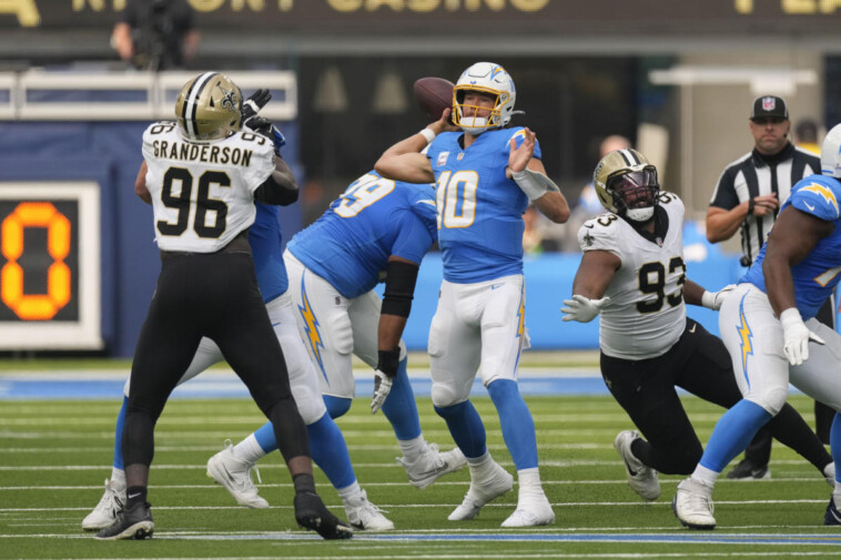 chargers-c-bradley-bozeman-protects-justin-herbert-from-dirty-play-vs.-saints,-draws-penalty-flag