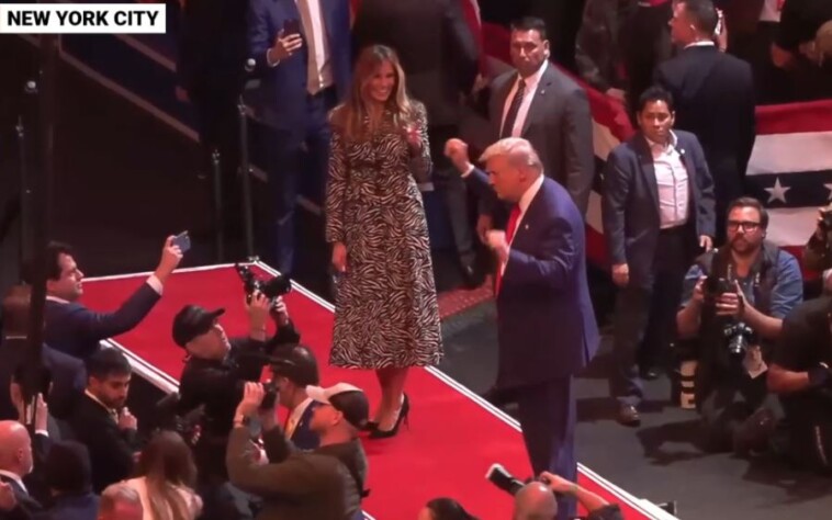 adorable!-melania-trump-laughs-and-points-as-donald-trump-starts-dancing-on-stage-to-village-people-at-madison-square-garden-(video)