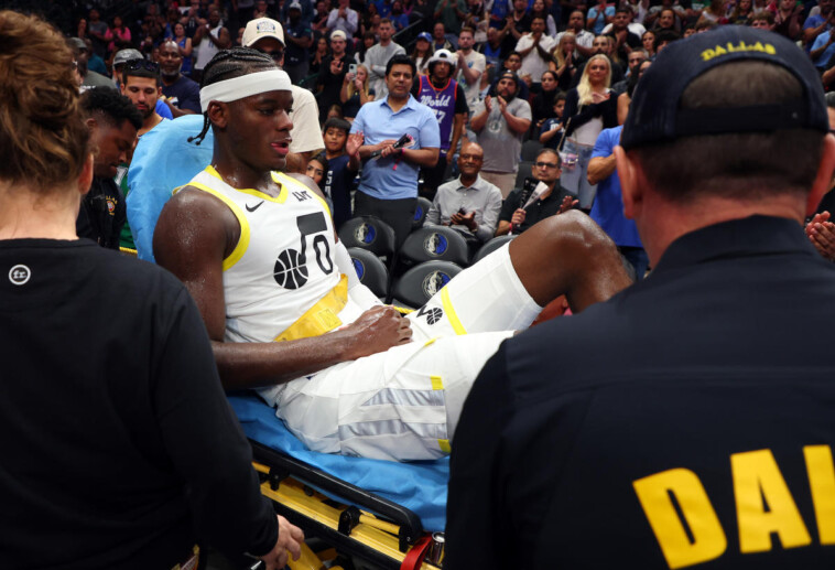 jazz’-taylor-hendricks-stretchered-off-with-gruesome-non-contact-leg-injury-in-loss-to-mavericks