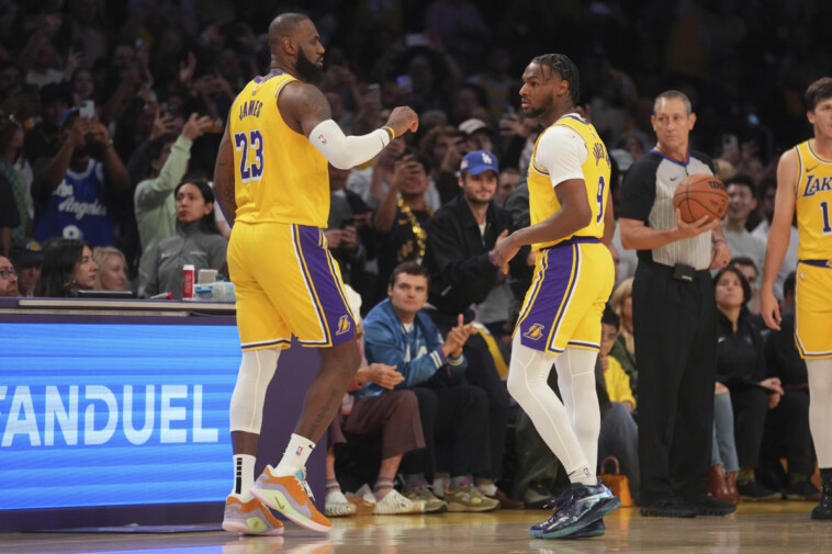 lebron-and-bronny-james-return-home,-both-take-the-court-in-lakers-game-in-cleveland