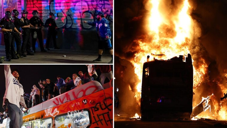 dodgers-celebrations-erupt-into-chaos-as-‘hostile’-crowd-hurls-projectiles-at-officers,-sets-city-bus-ablaze