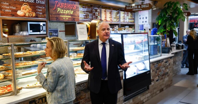 watch:-dejected-tim-walz-stares-at-pizza-as-reporters-confront-him-about-his-‘school-shooter’-comment