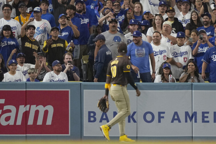 dodgers-fans-throw-stuff-at-padres,-jurickson-profar,-who-earlier-in-game-taunted-them-after-robbing-mookie-betts-of-a-hr