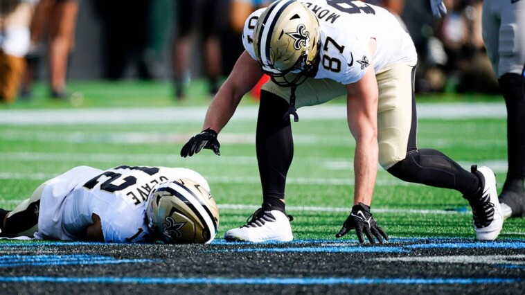 saints’-chris-olave-takes-crushing-hit-vs-panthers,-stretchered-off-the-field