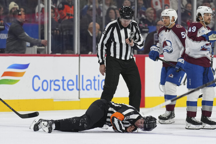 nhl-referee-mitch-dunning-stretchered-off-after-scary-collision-during-flyers-avalanche-game