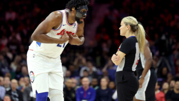 76ers-star-joel-embiid-ejected-for-arguing-with-officials-after-crashing-into-victor-wembanyama-in-game-vs.-spurs