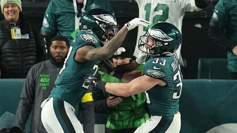 ‘don’t-try-this-at-home’:-eagles’-mitchell-jokingly-celebrates-pick-with-triple-h-finisher