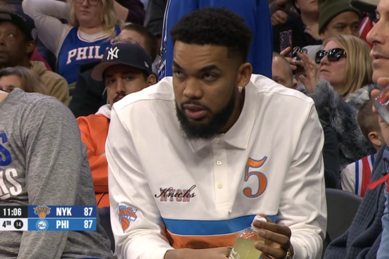 karl-anthony-towns-changes-into-knicks-gear-after-getting-roasted-for-wearing-eagles-sweater