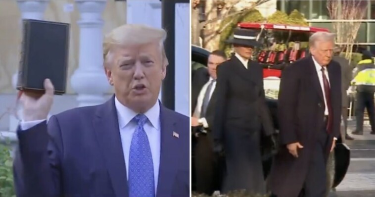 melania-trump-looks-spectacular-as-she-and-president-trump-enter-church-where-he-stood-defiantly-in-2020-with-bible-after-blm/antifa-rioters-lit-it-on-fire-during-historic-riots-[video]