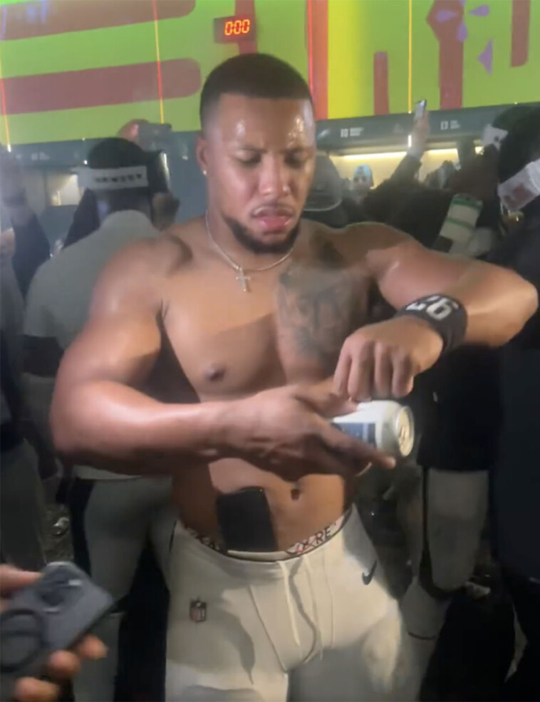 saquon-barkley-shotguns-beer-after-eagles’-super-bowl-2025-win-in-rowdy-locker-room-scene