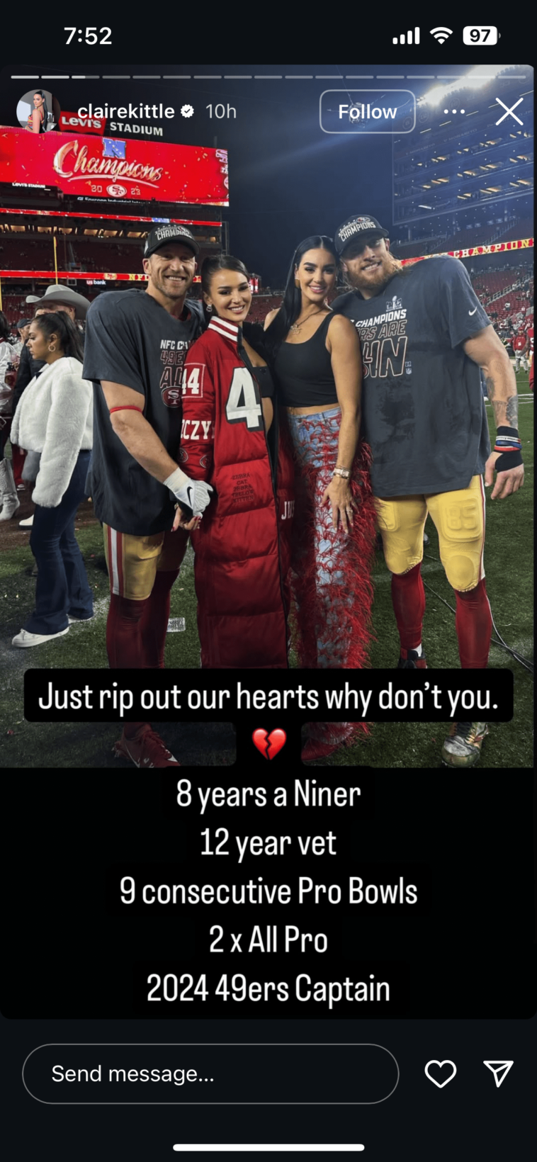 george-kittle’s-wife-claire-in-shock-over-kyle-juszczyk’s-49ers-release:-‘rip-our-hearts-out’