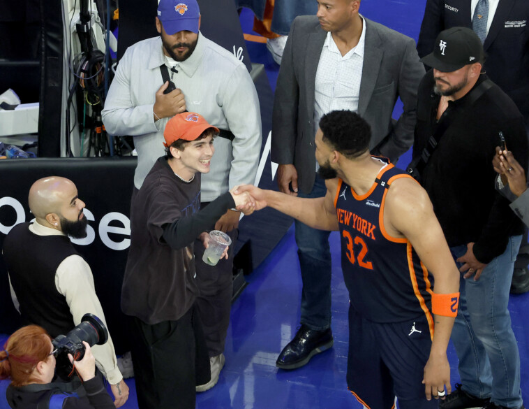 joyful-karl-anthony-towns,-timothee-chalamet-embrace-after-knicks-beat-celtics-in-game-4
