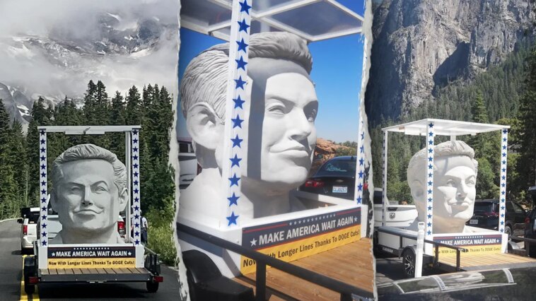 exclusive:-mysterious-giant-elon-musk-head-travels-america’s-national-parks,-saying-‘make-america-wait-again’