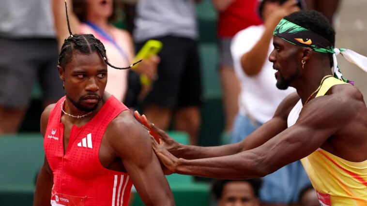 noah-lyles-shoved-by-rival-kenny-bednarek-after-200m-victory,-sparks-heated-confrontation