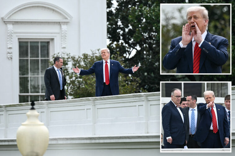trump-walks-along-white-house-roof,-jokes-he’s-ready-to-install-‘nuclear-missiles’-there