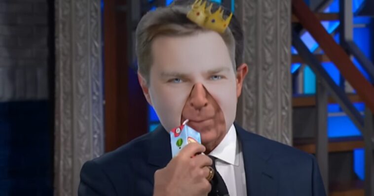 yikes:-colbert-peddles-bogus-smear-against-jd-vance-while-wearing-his-face-during-bizarre-bit-about-river-water-hoax-(video)