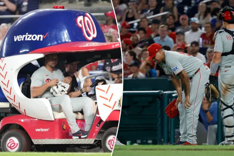 phillies’-jhoan-duran-exits-on-bullpen-cart-after-getting-hit-by-line-drive-in-injury-scare
