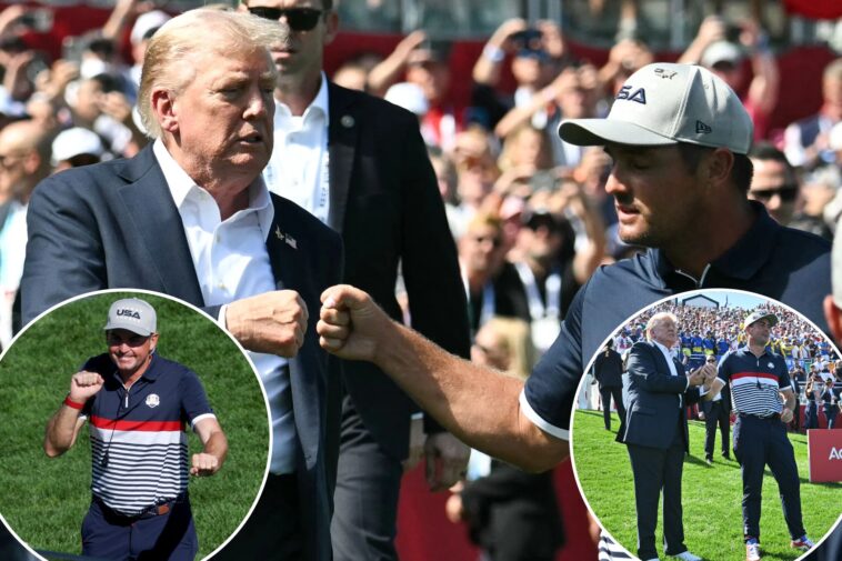 president’s-ryder-cup-arrival-welcomed-with-keegan-bradley’s-trump-dance,-bryson-dechambeau’s-fist-bump