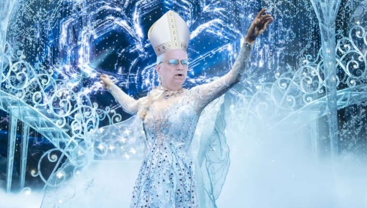 pope-activates-ice-powers,-builds-ice-palace-while-singing-in-sparkly-blue-dress