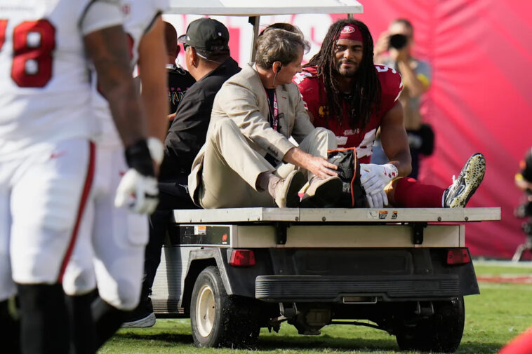 all-pro-49ers-lb-fred-warner-leaves-field-on-cart-with-air-cast-after-gruesome-lower-leg-injury