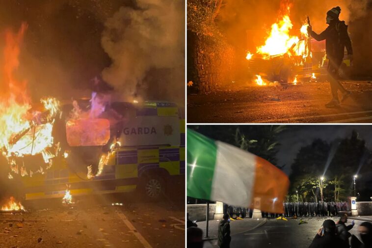 anti-immigrant protesters-burn police-van after girl attacked-near-dublin-asylum-seeker-housing