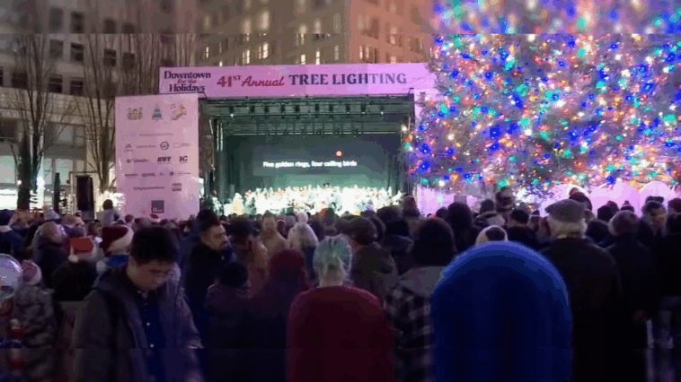 portland’s-woke-‘tree’-lighting-celebration-omits-any-reference-to-christmas,-chant-“free-palestine”-instead