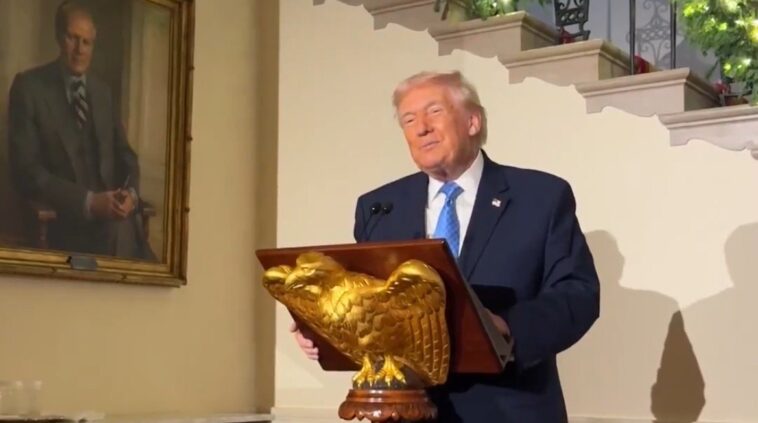 president-trump-drops-by-first-white-house-christmas-party-with-special-message-to-supporters-(video)