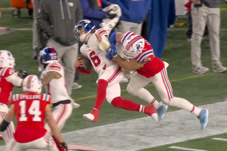 giants-patriots-scuffle-breaks-out-after-jaxson-dart-sent-flying-in-wild-mnf-start