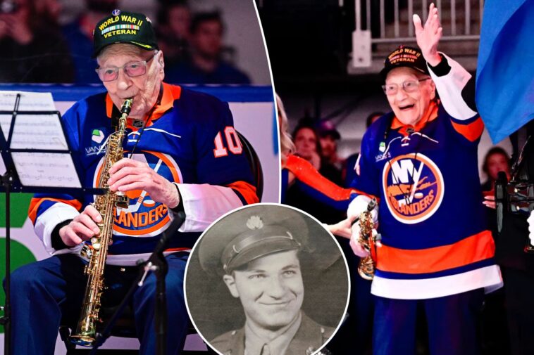 wwii-vet,-104,-thrills-rangers-islanders-crowd-with-national-anthem-on-saxophone-as-fans-unite-for-‘usa’-chants