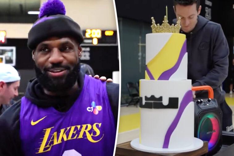 lebron-james-gets-cake,-serenaded-during-41st-birthday-celebration-at-lakers-workout