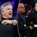 timberwolves-coach-chris-finch-has-to-be-restrained-by-staff-as-he’s-ejected-from-game-in-wild-scene