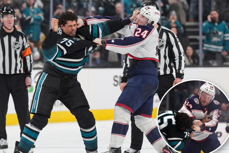 sharks’-ryan-reaves-knocked-down-in-haymaker-filled-fight-with-blue-jackets’-mathieu-olivier