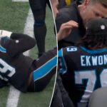 panthers’-ikem-ekwonu-carted-off-field,-ruled-out-for-rest-of-game-vs.-rams-in-brutal-injury-crusher