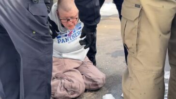 federal-agents-tackle-bald-female-protestor-after-she-throws-water-bottle-at-ice-agents-outside-federal-building-in-minneapolis-(video)