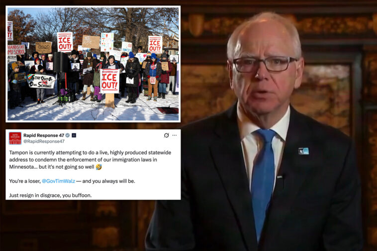 white-house-mocks-tim-walz-after-he-tells-minnesotans-to-keep-filming-ice-agents-in-glitchy-prime-time-address:-‘just-resign’