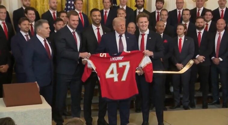 amazing-moment-florida-panthers-present-president-trump-with-golden-hockey-stick,-“47”-jersey-and-rings-at-white-house-to-celebrate-stanley-cup-win-(video)