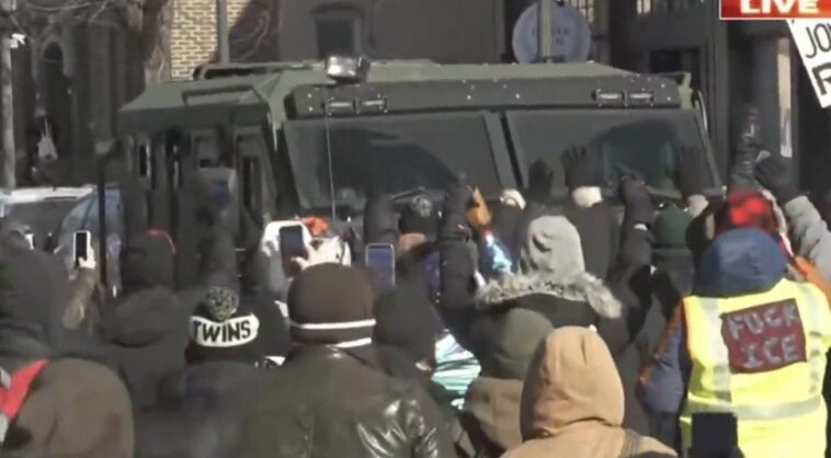 watch:-chaos-erupts-in-minneapolis-following-ice-involved-shooting-as-leftists-throw-rocks-at-ice,-block-armored-ice-vehicle,-set-dumpster-ablaze-in-organized-insurrection-(videos)