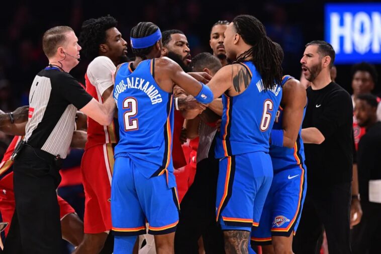 pelicans-thunder-get-into-heated-scuffle-as-game-descends-into-chaos-in-final-seconds