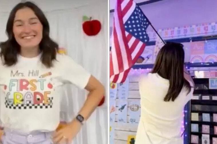 first-grade-teacher-posts-video-of-herself-flipping-us-flag-upside-down,-posting-‘abolish-ice’-in-class