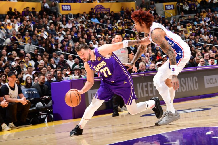 luka-doncic-exits-lakers-vs.-76ers-with-left-leg-injury
