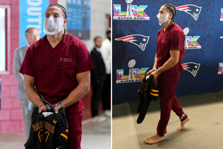 patriots’-mack-hollins-arrives-at-super-bowl-2026-in-prison-jumpsuit-and-shackles-in-wild-look