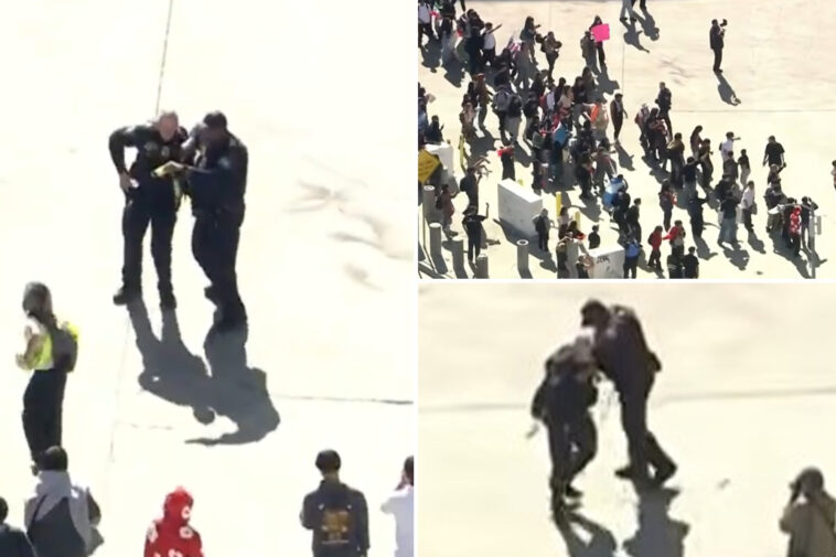 federal-agent-injured-as-high-school-anti-ice-agitators-seen-swinging-pole-at-cops-in-dtla-clash