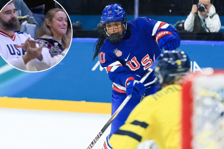 jason-and-kylie-kelce-cheer-on-us-women’s-hockey-team,-laila-edwards-in-win-over-sweden