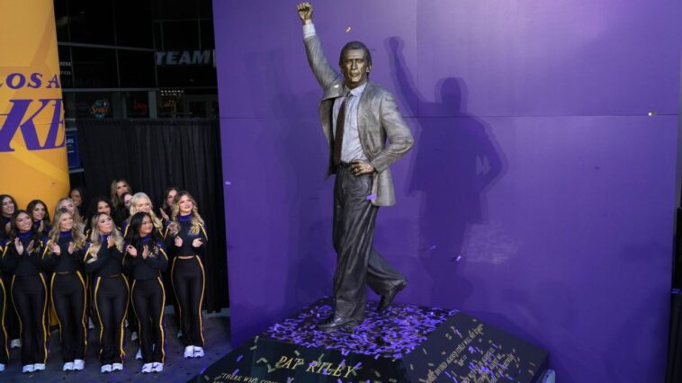 lakers-unveil-statue-of-riley-wearing-armani-suit